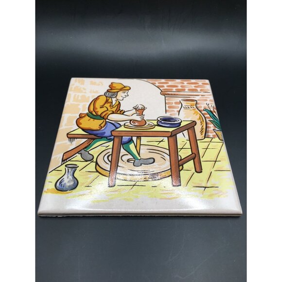 Vintage European Folk Art Tile Wall Plaque Hand Painted Home Decor 4.5''x4.5'' - Picture 7 of 11